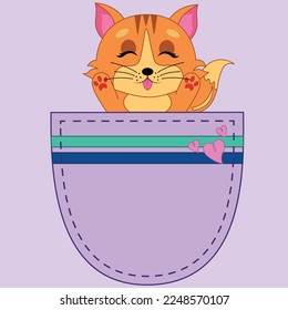 Cute kitten in the pocket, T-shirt design for kids. Print for pocket t-shirt,clothing concept, vector illustration. 