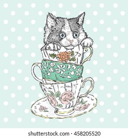 Cute kitten in a porcelain dish. Vector illustration for greeting card, poster, or print on clothes.