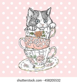 Cute kitten in a porcelain dish. Vector illustration for greeting card, poster, or print on clothes.