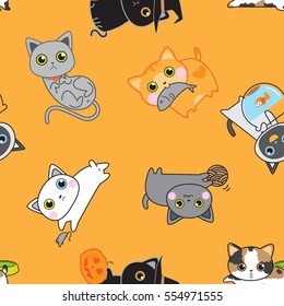 Cute kitten pose seamless pattern background vector stock in orange