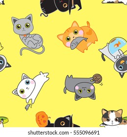 Cute kitten pose seamless pattern background vector stock in yellow