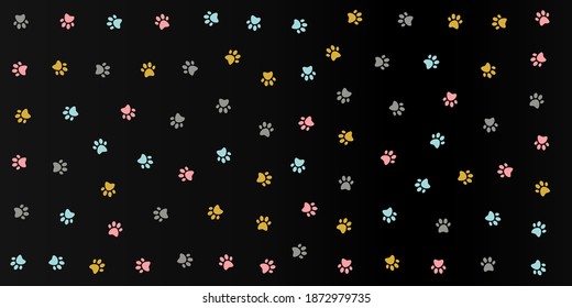 Cute Kitten Pow Colored Pattern In Black Background. Traces Of Cat Colorful Textile Pattern. Vector Illustration.