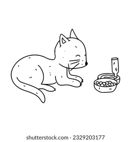 Cute kitten preparing to eat. Hand drawn doodle style. Vector illustration isolated on white. Coloring page.