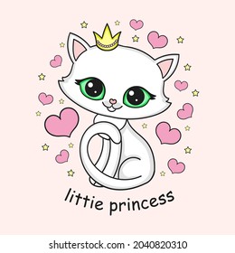 Cute kitten princess in the crown. Drawing for children's design of prints, posters, stickers, postcards, cards. Vector