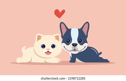 Cute kitten puppies and friendship are best friends. flat cartoon style vector