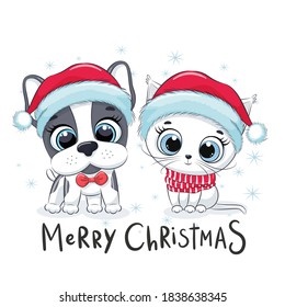 Cute kitten and puppy. Merry Christmas design.