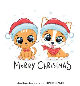 Cute kitten and puppy. Merry Christmas design.