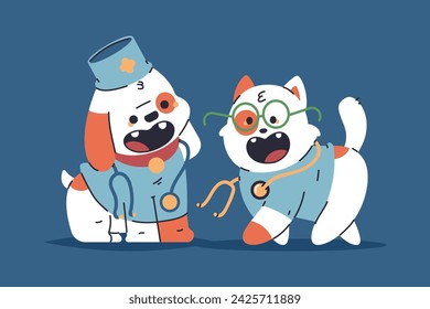 Cute kitten and puppy veterinarian doctor vector cartoon characters illustration isolated on background.