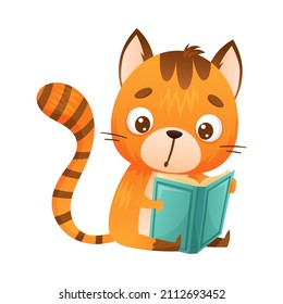 Cute kitten reading book. Smart baby animal sitting and studying with book cartoon vector illustration