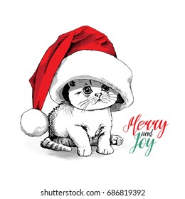 Cute kitten in a red big Santa's cap. Vector Illustration.