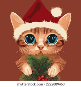 Cute kitten with a red Christmas hat