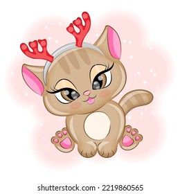 Cute kitten with reindeer antlers Christmas vector illustration