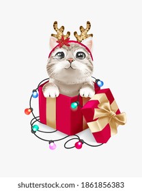 cute kitten with reindeer headband in red Christmas box and colorful light illustration