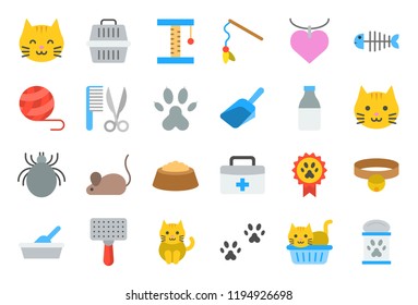 cute kitten related icon such as cat litter box and toy, flat design