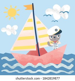 Cute Kitten Sail With a Sailboat Vector Illustration
