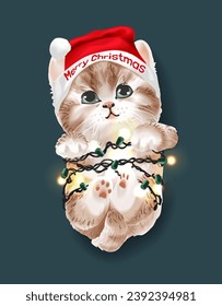 cute kitten in santa clause hat and decorating light vector illustration