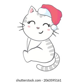 Cute kitten in a santa hat. Funny cat. Christmas illustration can be used for greeting cards, coloring books and stationery.