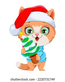 Un gatito lindo en el sombrero de Santa. Caricatura divertida con un árbol de Navidad. Feliz Navidad y feliz año nuevo