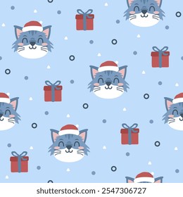 Nettes Kätzchen mit Weihnachtsmütze Vektor Muster Design