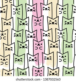 Cute Kitten Seamless Pattern. Hand-drawn cat doodle vector. Kitty background perfect for fabric prints, wrapping paper or decoration.