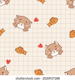 Cute kitten seamless pattern. Vector Checkered background with cartoon kitten for unisex clothes, fabric, textile, cover or decoration. Romantic kitten with heart and fishes. beige kitten print.