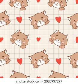 Cute kitten seamless pattern. Vector Checkered background with cartoon kitten for unisex clothes, fabric, textile, cover or decoration. Romantic kitten with hearts seamless print. Kitten pattern tile