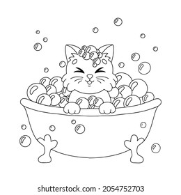 Un lindo gatito se sienta en un baño de burbujas. Colorando la página del libro para los niños. Caricatura de estilo. Ilustración vectorial aislada en fondo blanco.