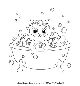 A cute kitten sits in a bubble bath. Coloring book page for kids. Cartoon style character. Vector illustration isolated on white background.