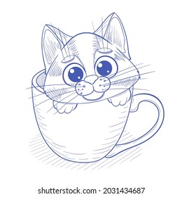 A cute kitten sits in a cup. Vector sketch drawn by hand. Illustration of a cat in cartoon style.