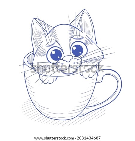A cute kitten sits in a cup. Vector sketch drawn by hand. Illustration of a cat in cartoon style.