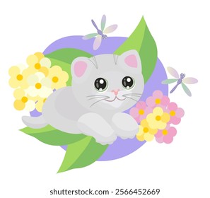 Cute kitten sits near yellow and pink flowers, two dragonflies, vector illustration