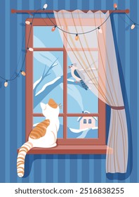 Cute kitten sits on the windowsill and looks at the bird. Cat on the background of the window with a winter landscape. Window Christmas garland, cozy holidays. Merry Christmas! Vector illustration.