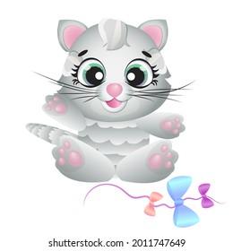 A cute kitten sits and plays with bows. Vector illustration in cartoon children's style.

