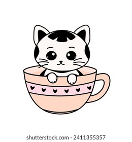 Cute kitten sitting in a coffee mug, vector illustration, design element isolated on white background.