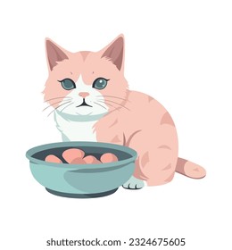 Cute kitten sitting with food bowl over white