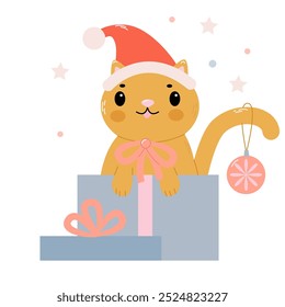 Lindo gatito sentado en una caja de regalo con un sombrero rojo de Navidades