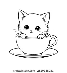 A cute kitten sitting inside a coffee cup, peeking out playfully. Perfect for a fun coloring activity that will delight children and cat lovers alike.