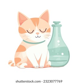 Cute kitten sitting with liquid medicine bottle over white