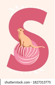 Cute kitten sitting on the letter of the English alphabet vector illustration in pastel colours with clew ball. Pet owners cute banner with cheerful cat. Love for cats, positivity domestic animals