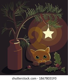 Cute kitten sitting under a spruce branch and admiring the new year's star. The star shines and illuminates everything around: mistletoe, berries and the cat itself. Christmas card. A good gift.