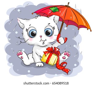 Cute kitten sitting under an umbrella with a gift