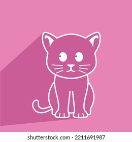 Cute Kitten Sitting White Outline on Pink Background, vector isolated