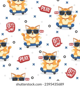 Cute Kitten with Skateboard Cartoon Vector Pattern Design.