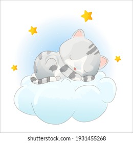 Cute gatito de sueño caricatura acuarela de animales ilustración Aislado en fondo blanco, para libro de portada, impresión, ducha de bebé, decoración de vivero, invitaciones de cumpleaños, afiche, tarjeta de saludo, niños, bebé