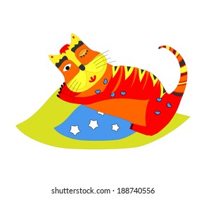 Cute kitten sleeping on the blue pillow art