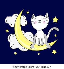 Cute kitten is sleeping on the moon, night and stars, sweet dreems