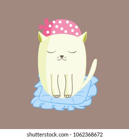 The cute kitten is sleeping on the pillow. White kitten in a pink kerchief. Sticker or print.