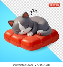 Cute kitten sleeping on a pillow, 3D vector. Suitable for design elements