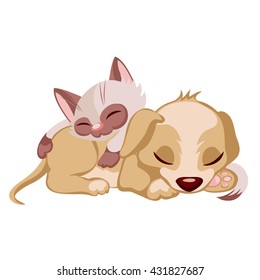 Cute kitten sleeping on the puppy isolated on a white background. Vector cartoon close-up illustration.