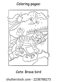 Cute kitten sleeping on a tree branch and funny birds. Coloring book page for children. Vector cartoon illustration isolated on white background. For coloring book, education, print, game.